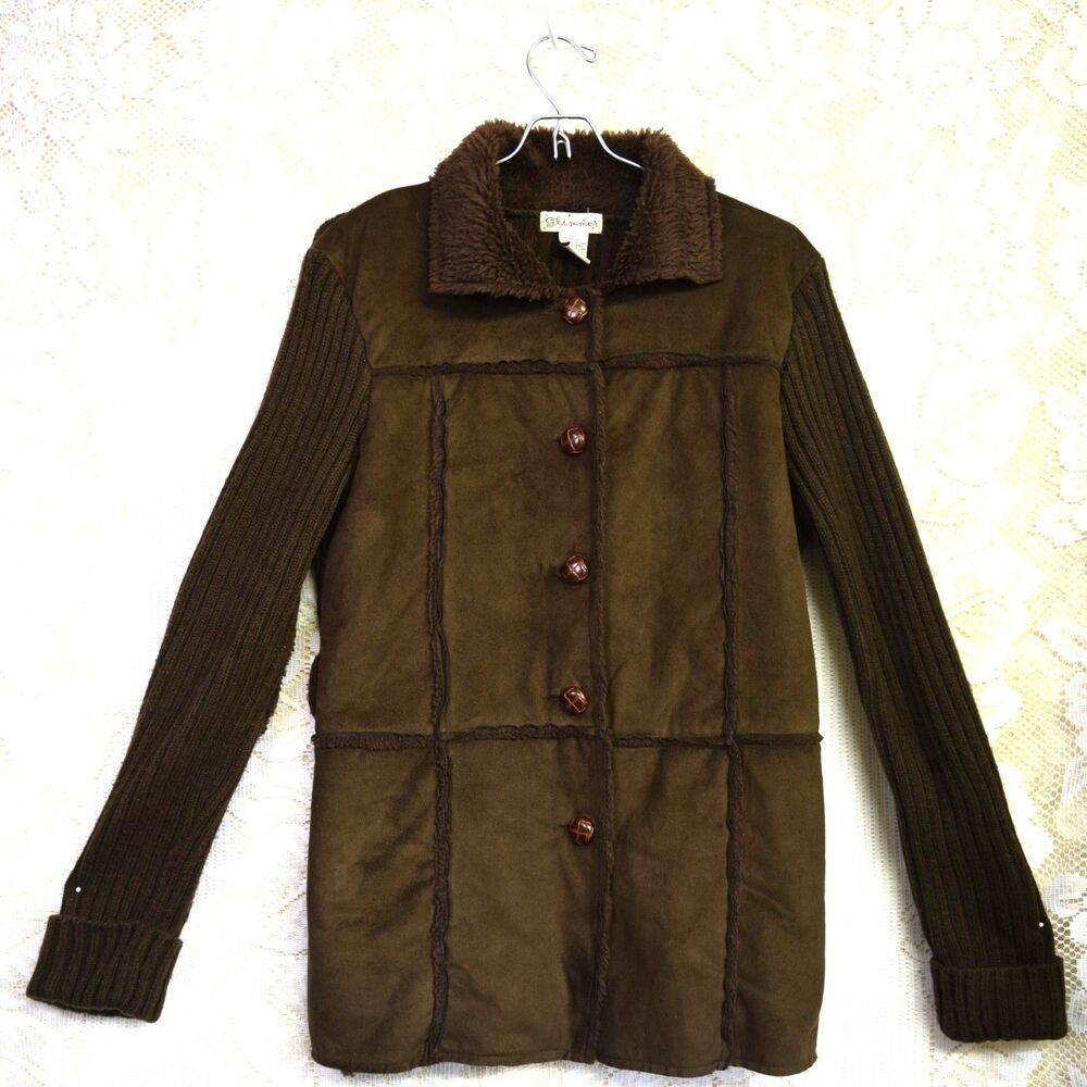 Y2K VTG Glimmer Faux Fur Brown Grunge Fuzzy Jacket Collared Womens Sz L Academia